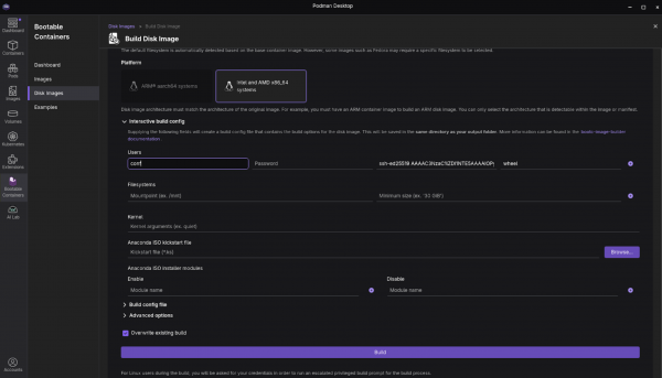 The Build Disk Images and Interactive build config screen to enter the  SSH credentials.