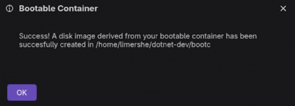 This is a pop-up message indicating that the disk image successfully installed.