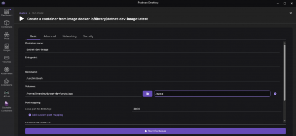 Give the container the name dotnet-dev and, under Volumes, select the subdirectory we created earlier dotnet-dev/bootc/app as the Path on the Host and specify /app:z as the Path inside the container.