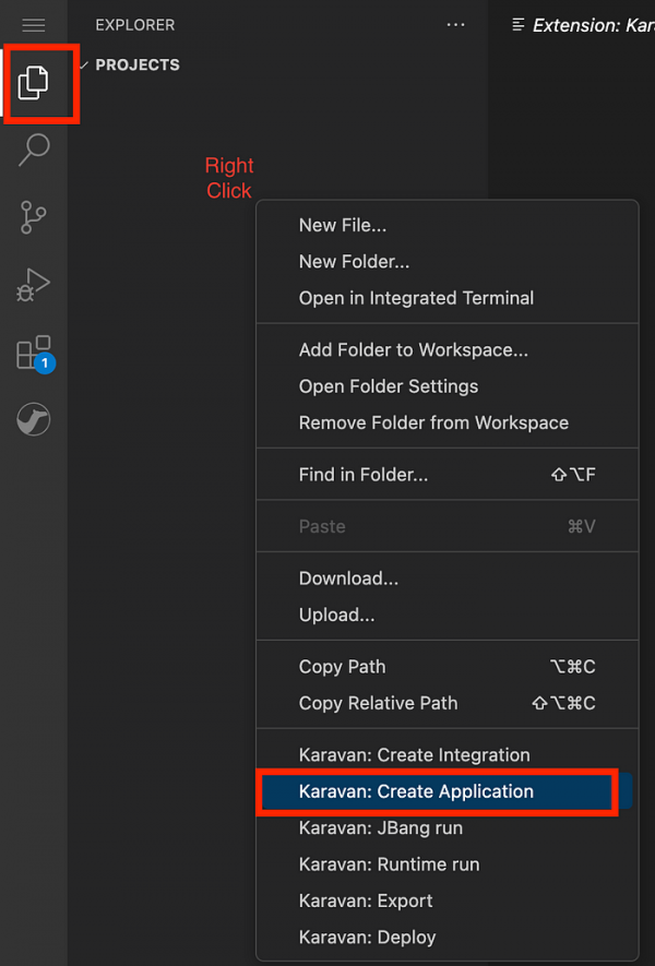 The Karavan: Create Application option from context menu.