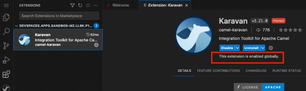 Confirmation that the Karavan extension is successfully enabled.