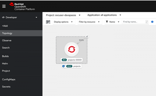 The Knative service deployed in the OpenShift web console.