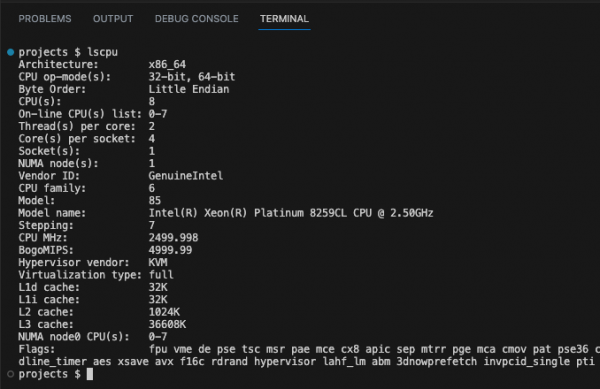 The lscpu command and its outputs when executed in x86_64 OpenShift.