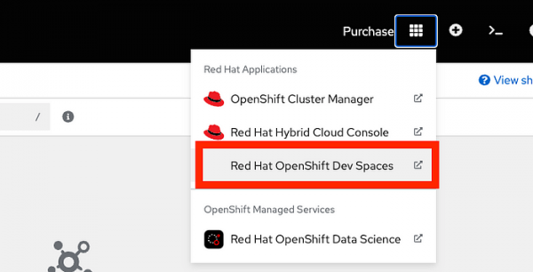 The menu link to Red Hat OpenShift Dev Spaces.