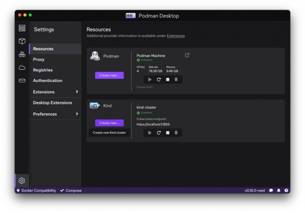 Configuring a Kind cluster from the Podman Desktop Resources page.