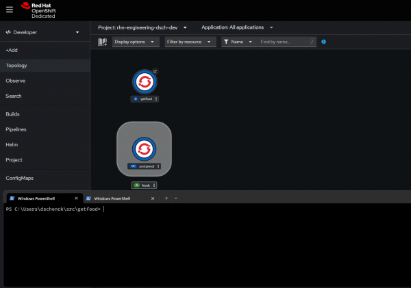 Get the greatest impact from this next step if you organize your screen so you can view the command line and the OpenShift dashboard at the same time