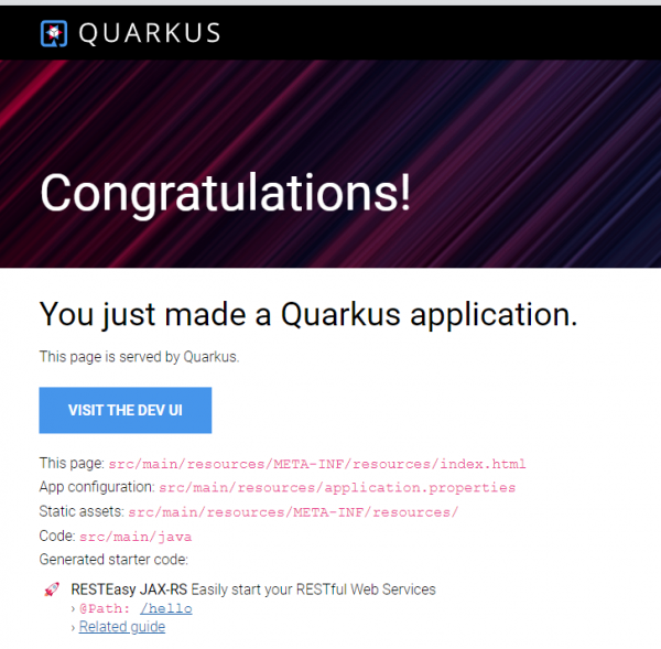 When you click the Open URL arrow, it opens the Quarkus application in your browser.