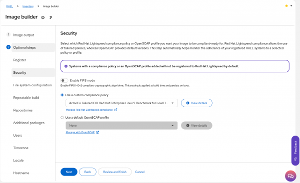 Select the appropriate Red Hat Lightspeed, formerly Red Hat Insights, compliance policy.