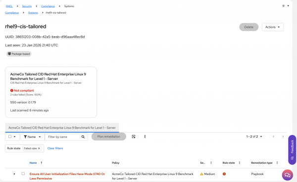 View the compliance check failures for the host.