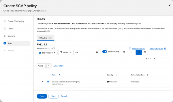Use the check boxes to include and exclude rules from the policy.