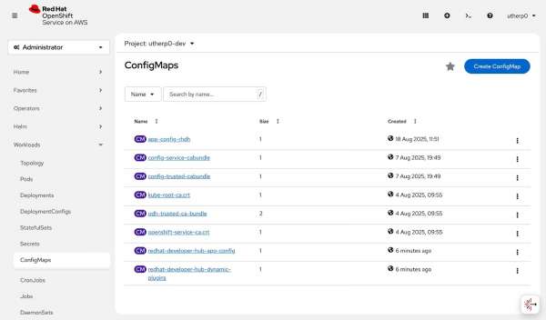 View the ConfigMaps available in Developer Hub via OpenShift.