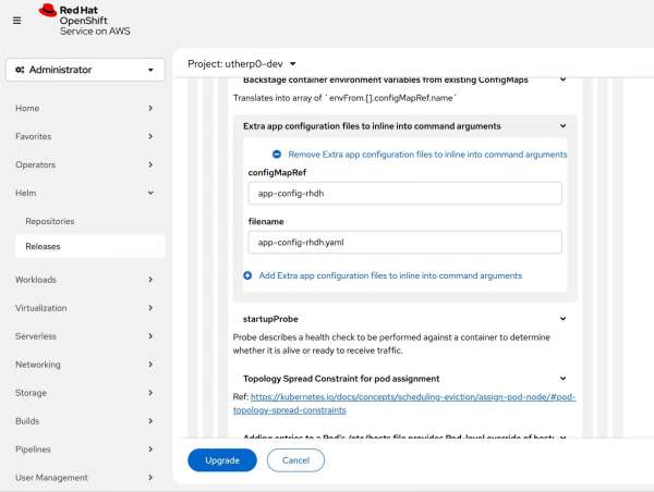The OpenShift configuration screen for your Developer Hub configuration via the Helm chart.
