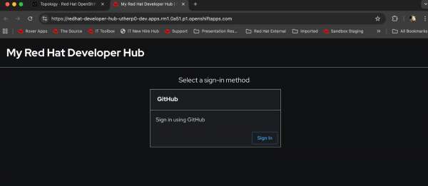 Click SIGN IN under GitHub to authenticate with Red Hat Developer Hub.