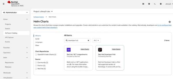 The OpenShift Helm Charts screen inside the Developer Sandbox