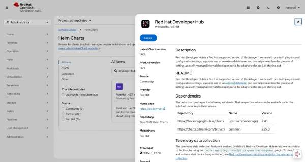 Click Create to install Red Hat Developer Hub via this Helm chart.
