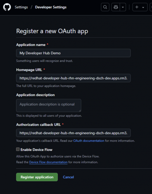 Register your developer hub as an OAuth app.