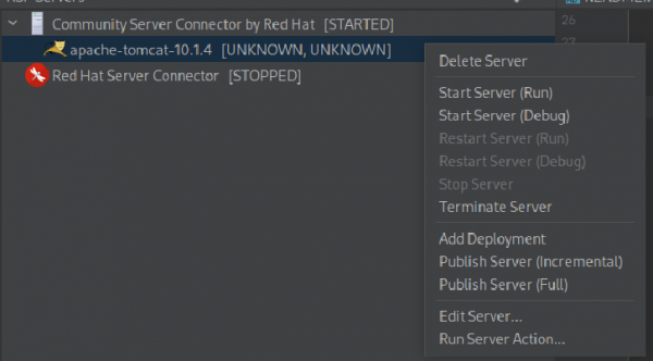 The application server’s context menu.