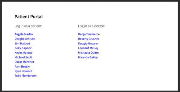 The patient portal now shows a list of names below the “Log in as a patient” and the “Log in as a doctor” text.
