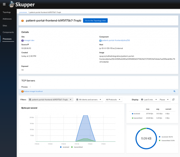 Detailed metrics view showing site, component and throughput
