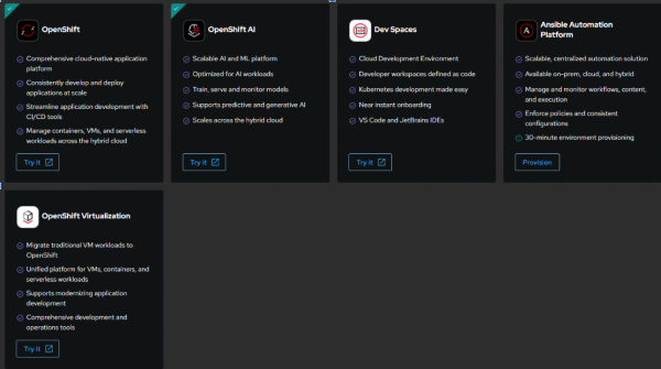 Developer Sandbox options page is shown, including OpenShift AI as an option.