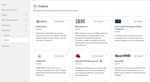 OpenShift AI Applications "Explore" page is displayed with mulitple options available.