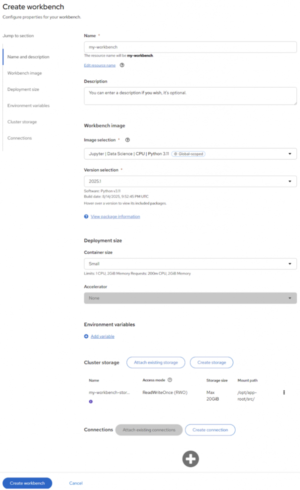 New workbench form is shown.