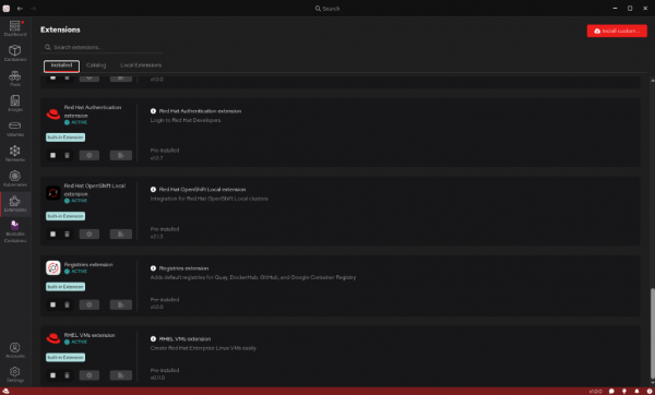 Installed tab of the Extensions section in the Red Hat build of Podman Desktop displaying Red Hat Authentication extension at the top.