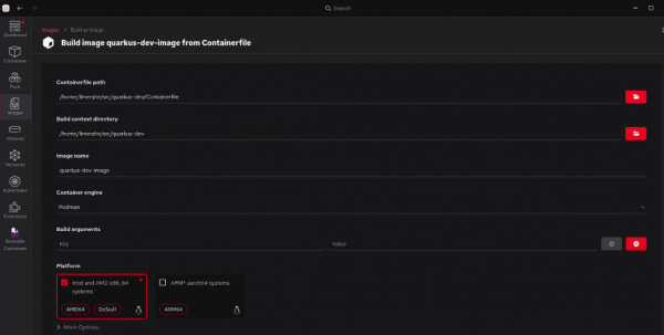 The Red Hat build of Podman Desktop Images Build screen showing container path, directory, and platform fields.