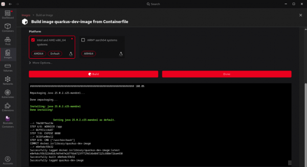 Successful image build in the Red Hat build of Podman Desktop.