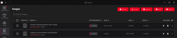 The Red Hat build of Podman Desktop Images screen with new image listed.