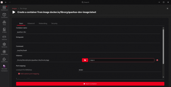 The Red Hat build of Podman Desktop mapping $HOME/quarkus-dev/bootc/app to /app in the container.
