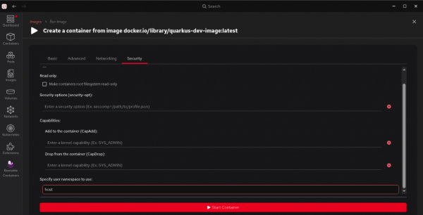 The Red Hat build of Podman Desktop Create Container screen with “specify use of the host user namespace” field selected for input.