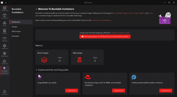 A view of the Welcome to Bootable Containers dashboard screen in the Red Hat build of Podman Desktop.
