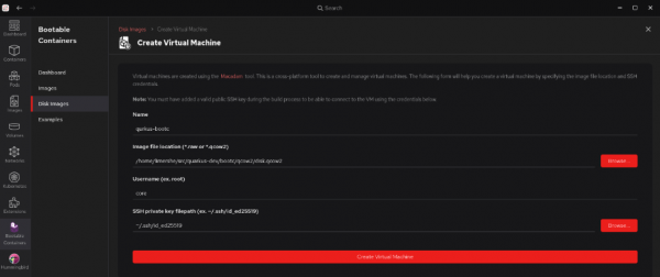 The Disk Images screen showing where to input the username and SSH private key for your VM.