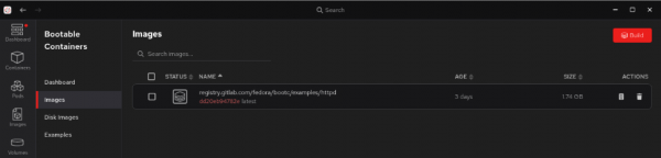 The bootable containers images listing screen with the example image now available.