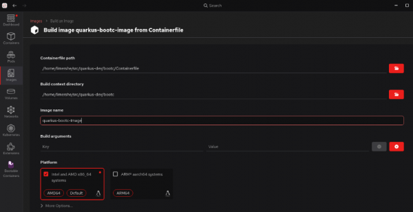 The build image from the Containerfile screen in the Red Hat build of Podman Desktop showing the Containerfile path, the build directory path, the image name, and the platform specifications.