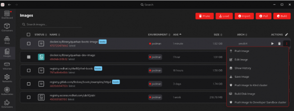 The Red Hat build of Podman Desktop container images screen with the expanded menu under the actions menu.
