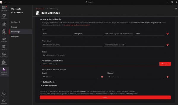 The Build Disk Images and Interactive build config screen to enter the SSH credentials.
