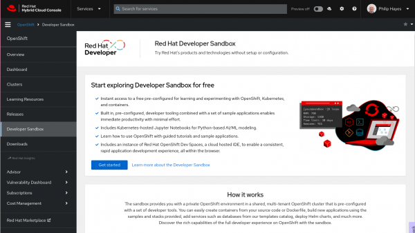 The Red Hat Hybrid Cloud start page