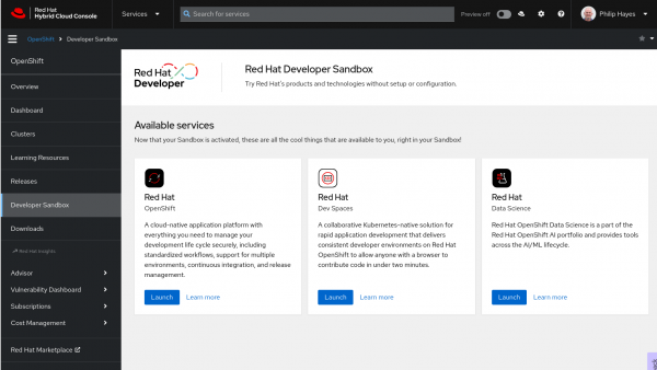 The Red Hat Developer Services Sandbox start page