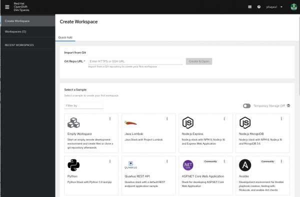 Red Hat OpenShift Dev Spaces create workspace page