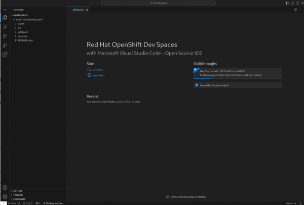 Red Hat OpenShift Dev Spaces IDE start page
