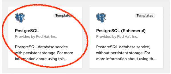 Red Hat OpenShift PostgreSQL template selection