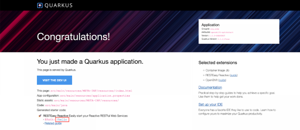The Quarkus framework page that displays when queried.