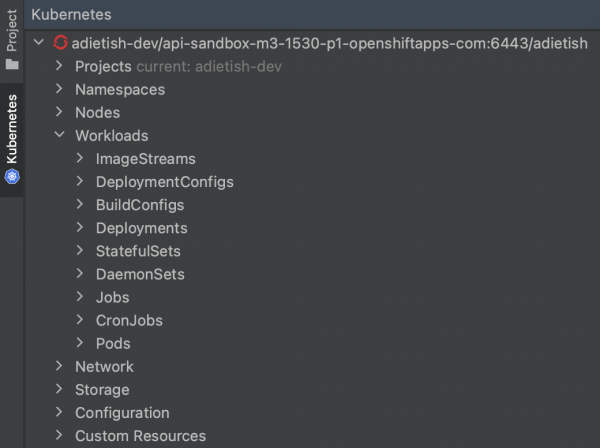 The Kubernetes tool window with all of its resources.