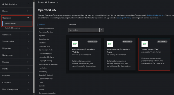 Red Hat Operator Hub console for installing Kasten operator via a GUI.