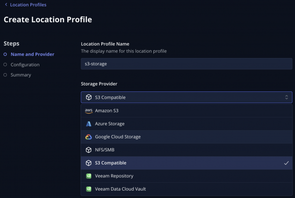 Location profile configuration from Kasten UI.