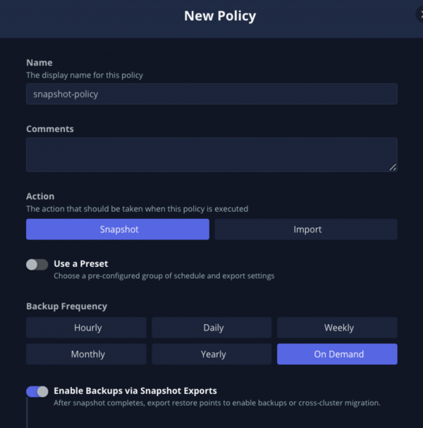 Snapshot policy creation from Kasten UI.