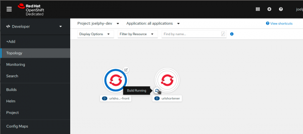 If the application is displayed with a white ring around it, the application image is being built on the OpenShift cluster.