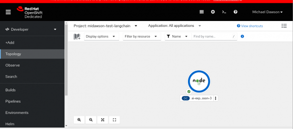 A picture of a deployed Node.js application in OpenShift AI. Circle around Node.js application is blue to signal that application deployed successfully.